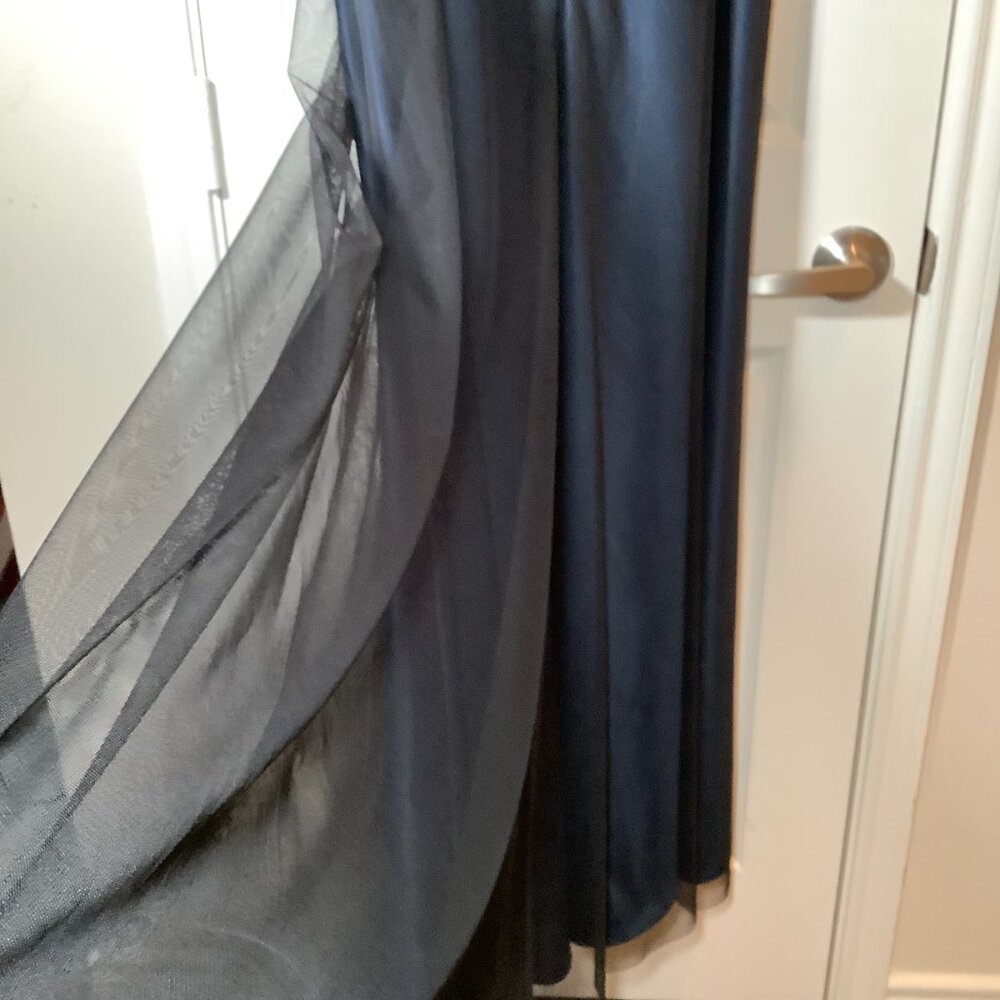KM Collection by Milla Bell Navy Blue Gown with lace covering and silver brooch - Picture 7 of 8